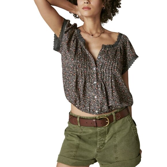 Lucky Brand Womens Paisley Printed Boho Button-Front Peasant Top Green XXL NWT - Picture 1 of 13